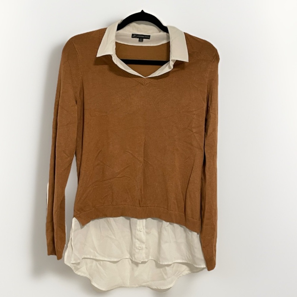Women’s Adrianna Papell V Neck Brown White Sweater Collar Blouse Shirt Top S